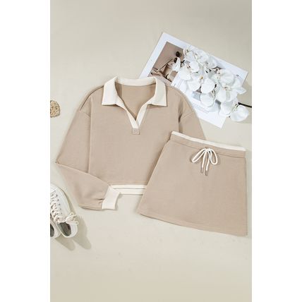 Parchment Raw Edge Detail Colorblock Patchwork Cropped Pullover Drawstring Skirt