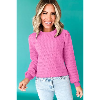 Bright Pink Trendy Pattern Knit Ribbed Cuffs Crew Neck Sweater