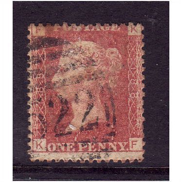GREAT BRITAIN 1858-79 QV SG44 1d RED BROWN PLATE 188 LETTERED KF USED