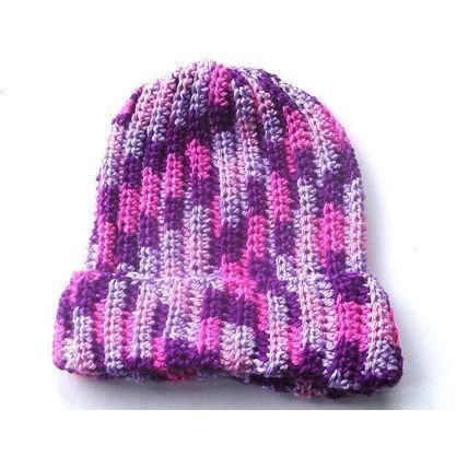 Handmade Crochet Beanie Hat in Variegated pink & purple yarn, Adult Unisex