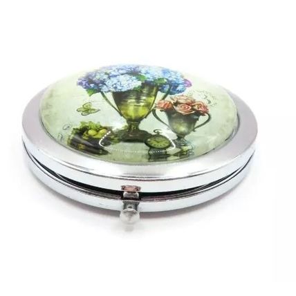 Floral Compat Mirror Silverl Coloured Rim Blue Hydrangea Gift Beauty Ladies