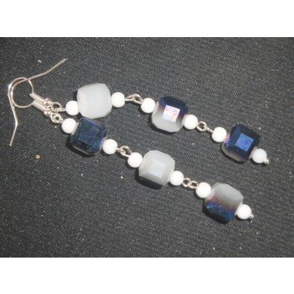 Exceptional blue EP on milky white crystal glass cube earrings