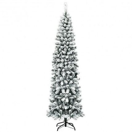 7.5 Feet Unlit Hinged Snow Flocked Artificial Pencil Christmas Tree with 641 ...