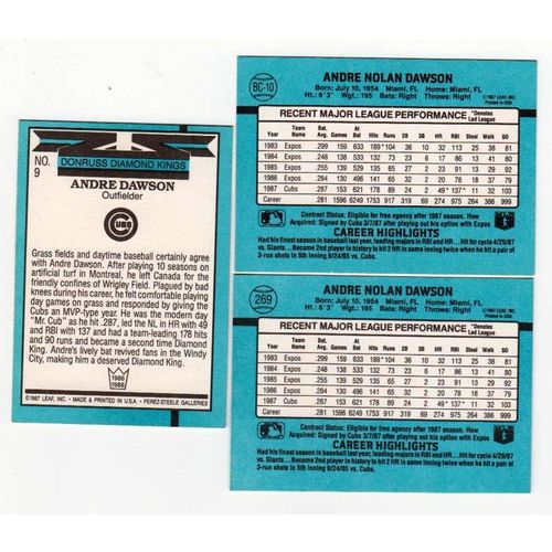 Three 1988 Donruss Andre Dawson baseball cards 9, 269, BC-10 – NM - Cubs
