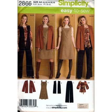 Simplicity Jumper, Top, Pants, Jacket & Vest Pattern #2866, Size 10 12 14 16 18