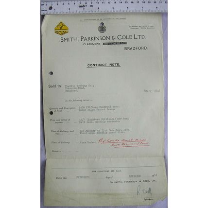 1934 Contract Note Smith Parkinson & Cole, Bradford