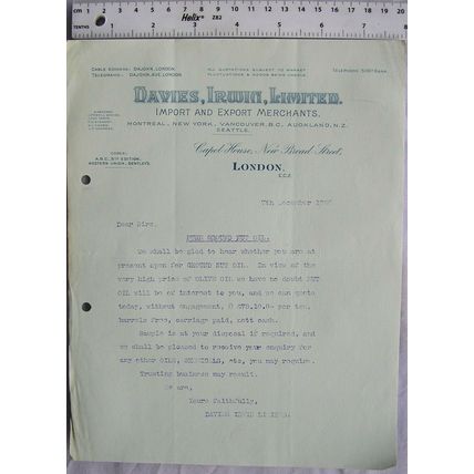 1920 letter Davies Irwin, London re Pure ground nut oil