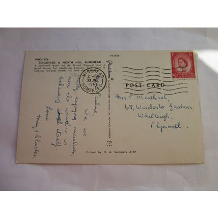 ESPLANADE AND NORTH HILL, MINEHEAD, SOMERSET used postcard 1964 pm =