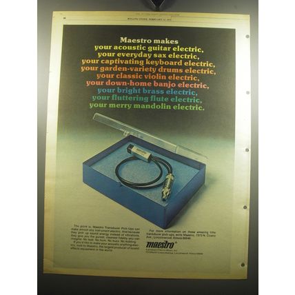1975 Maestro Transducer Pick-ups Ad - makes your acoustic guitar electric