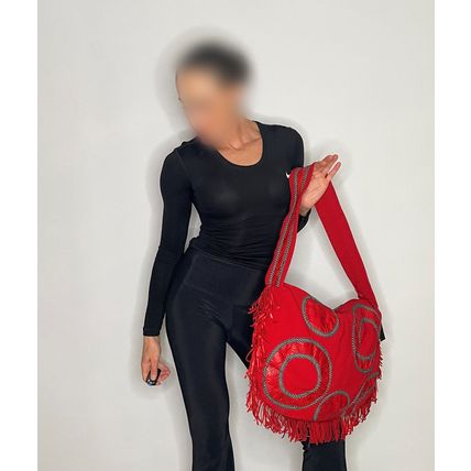 1980s Large Red Overnight Baby Bag Leather Fringed bAG MAKE OFFER!