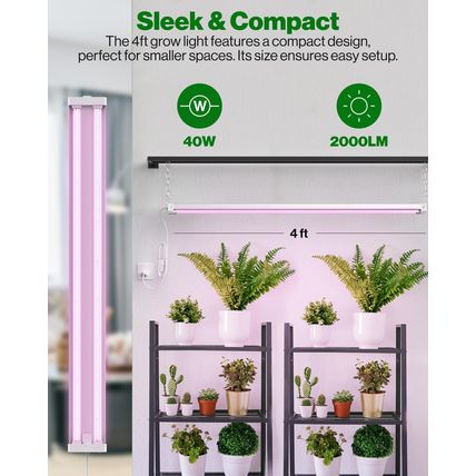Sunco 4FT LED Grow Light for Indoor Plants 40W, Full Spectrum, Hanging Suspended