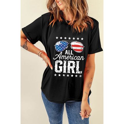 Black Stars and Stripes Glasses Slogan Graphic T Shirt