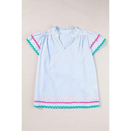 Sky Blue Stripe Ricrac Trim Split Neck Striped Ruffled Sleeve Blouse