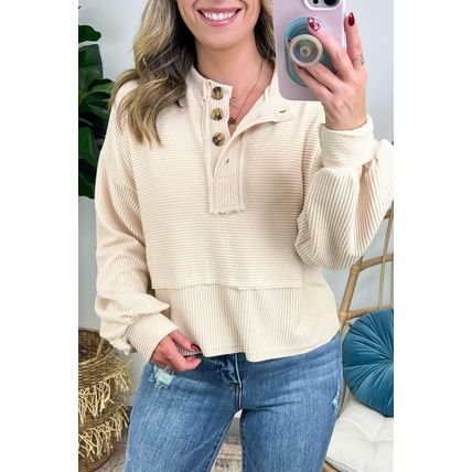 Apricot Corded Texture Lantern Sleeve Buttons Henley Sweatsuit