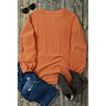 Orange Halloween Leopard Pumpkin Patchwork Ribbed Sweatshirt