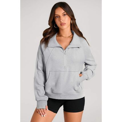 Light Grey Quarter Zip Stand Neck Kangaroo Pocket Sweatshirt