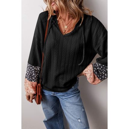 Black Floral Patchwork Textured Knit Drawstring V Neck Blouse