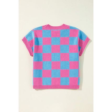 Sachet Pink Colorblock Plaid Pattern Ribbed Trim Sweater Tank Top