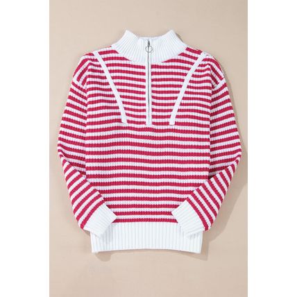 Pink Stripe Zip up Collar Drop Shoulder Sweater