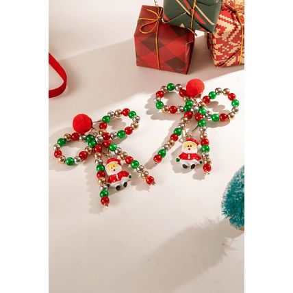 Racing Red Christmas Santa Pendant Beaded Bow Knot Stud Earrings