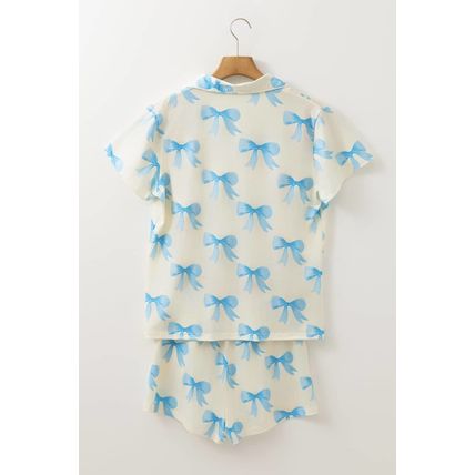 Yellow Bow Printed Short Sleeve Shirt Shorts Pajama Set