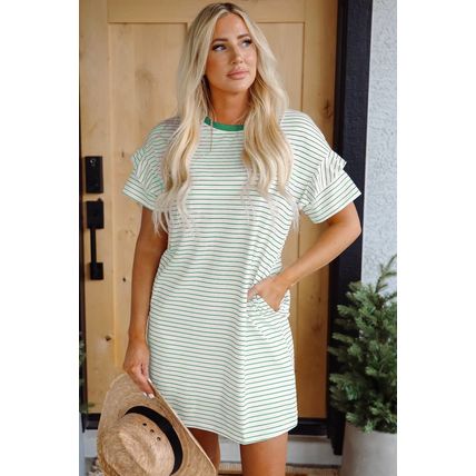 Green Stripe Ruffled Short Sleeve Crew Neck T Shirt Shift Mini Dress