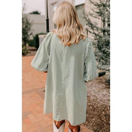Green Patch Pockets Button Down Short Puff Sleeve Dress