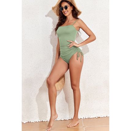Laurel Green Ribbed Drawstring Sides Cutout One Piece Swimsuit