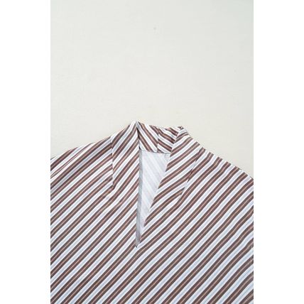 Chestnut Striped Stand V Neck Short Sleeve Blouse