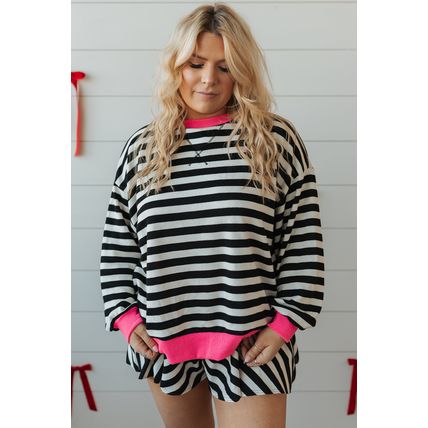 Black Stripe Color Block Edge Pullover and Shorts PLus Size Set