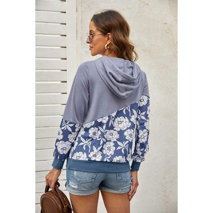 Gray Floral Splicing Cowl Neck Hoodie