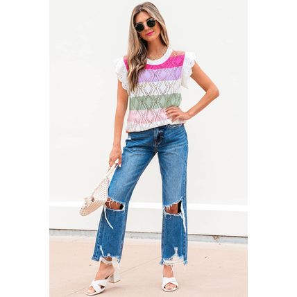Rose Stripe Colorblock Hollowed Knit Scallop Edge Sweater Vest