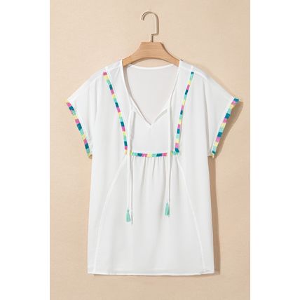 White Colorful Fringed Detail Tassel Tie Neck Short Sleeve Blouse