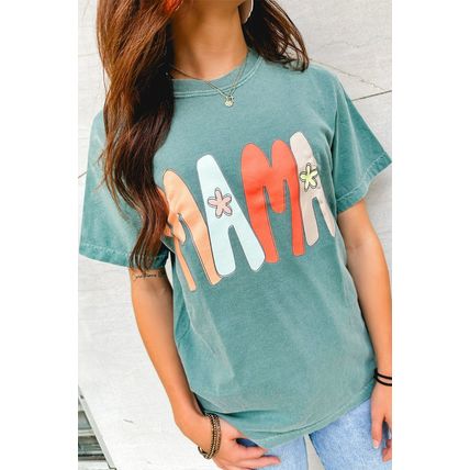 Sea Green MAMA Printed Mineral Wash Crewneck T Shirt