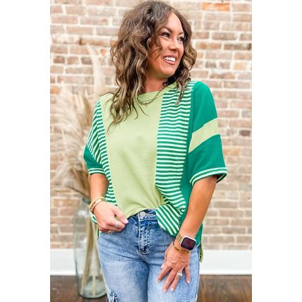 Green Stripe Patchwork Colorblock Plus Size T Shirt