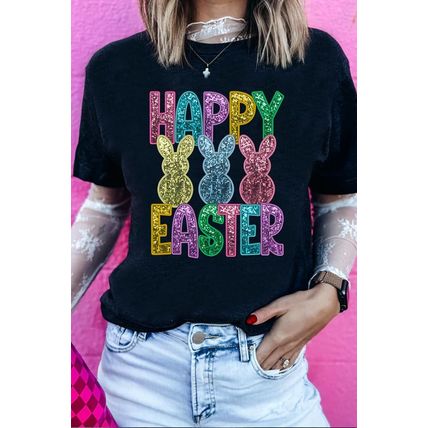 Black Glittering Bunny HAPPY EASTER Graphic T Shirt