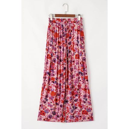 Purple Floral Wide Leg Elastic High Waist Pants