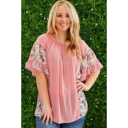 Pink Plus Size Floral Patchwork Ruffled Short Sleeve Blouse