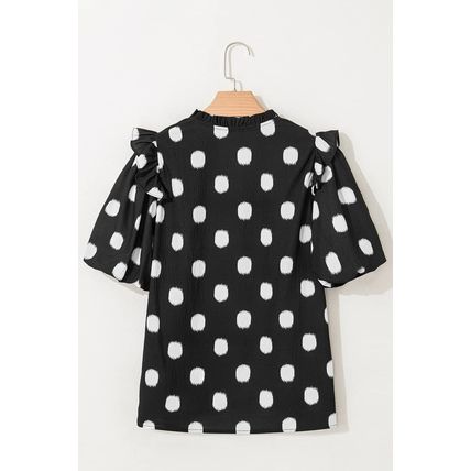 Black Polka Dot Print Shirred Yoke Notched Neck Balloon Sleeve Blouse