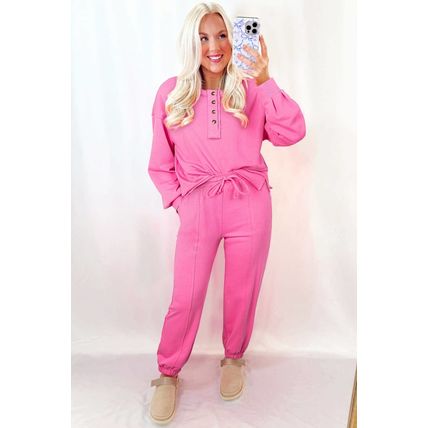Bright Pink Raw Edge Half Buttons Pullover and Jogger Pants Set