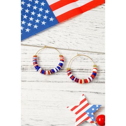Dark Blue American Flag Inspired Beaded Large Hoop Earrings