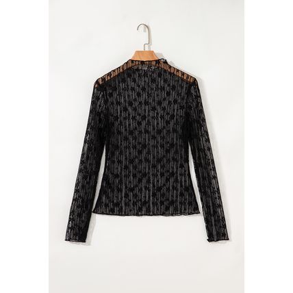 Black Sheer Floral Lace Long Sleeve Slim Fit Top