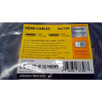 StarTech HDMM5MP 5m 15ft High Speed Ultra HD 4K 60Hz HDMI 2.0 Cable W/Ethernet