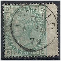 1876 SG150 1/- Green Plate 13 Good Used Wing Margin (Pullede Corner Perf) "SD".