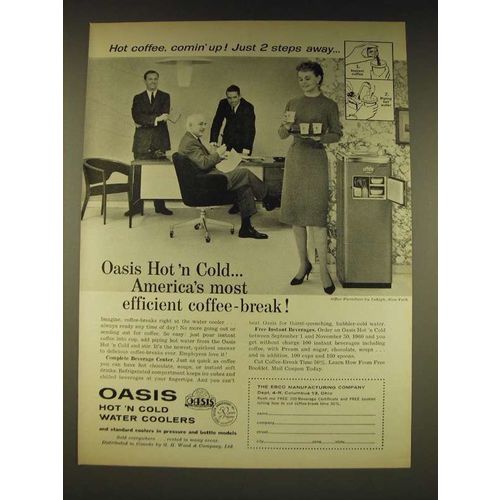 1960 Oasis Hot 'N Cold Water Coolers Ad - Hot coffee, comin' up! Just 2 steps