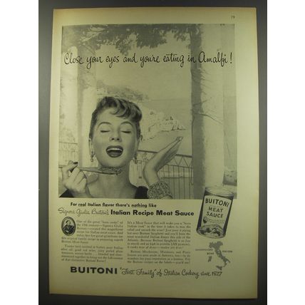 1956 Buitoni Meat Sauce Ad - Close your eyes and you're eating in Amalfi
