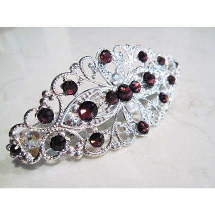 Silver filigree hair clip barrette with purple crystals bridal hair clip