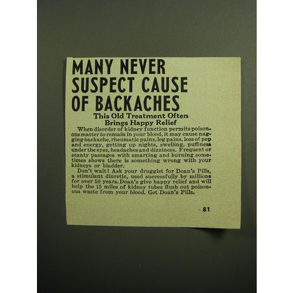 1949 Doan's Pills Ad - Many never supsect cause of backaches