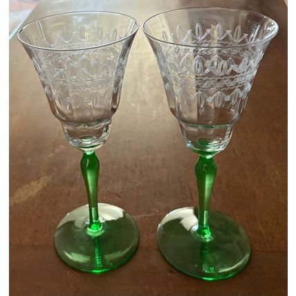 2 - Fostoria Green Stemmed Wine Glass Vintage #400