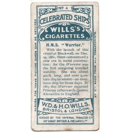 SINGLE WILLS CIGARETTE CARD CELEBRATED SHIPS 1911 NUMBER 4 H.M.S. WARRIOR